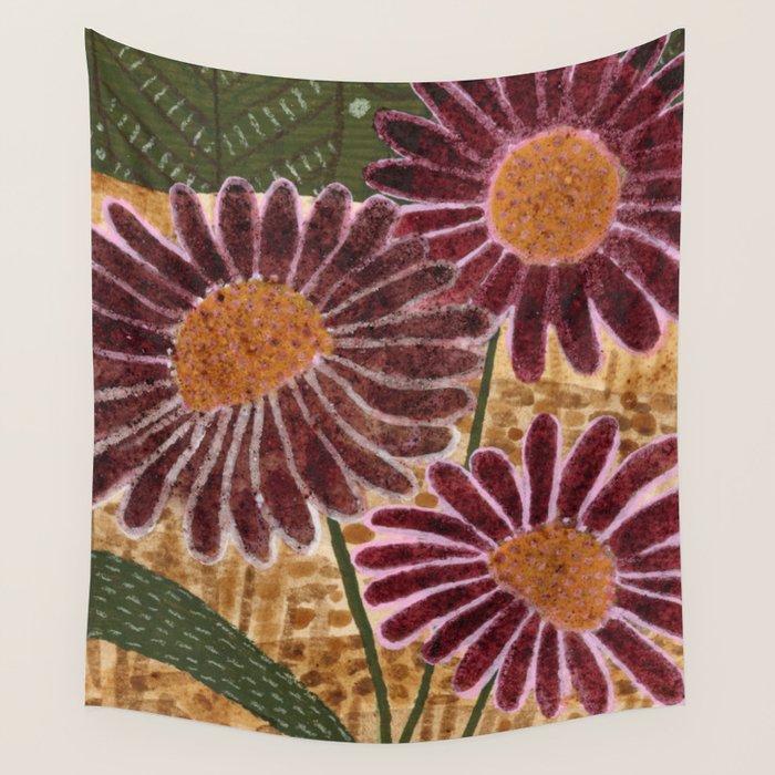 Daisies in Country Field Painting in Burgundy Red Wall Tapestry Gallery Image 1