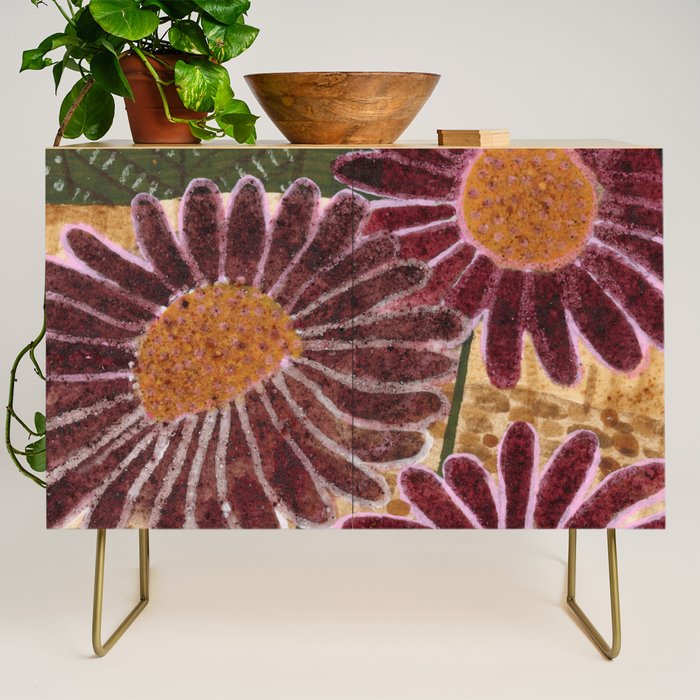 Daisies in Country Field Painting in Burgundy Red Credenza Gallery Image 1
