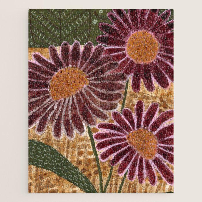 Daisies in Country Field Painting in Burgundy Red Jigsaw Puzzle Gallery Image 1