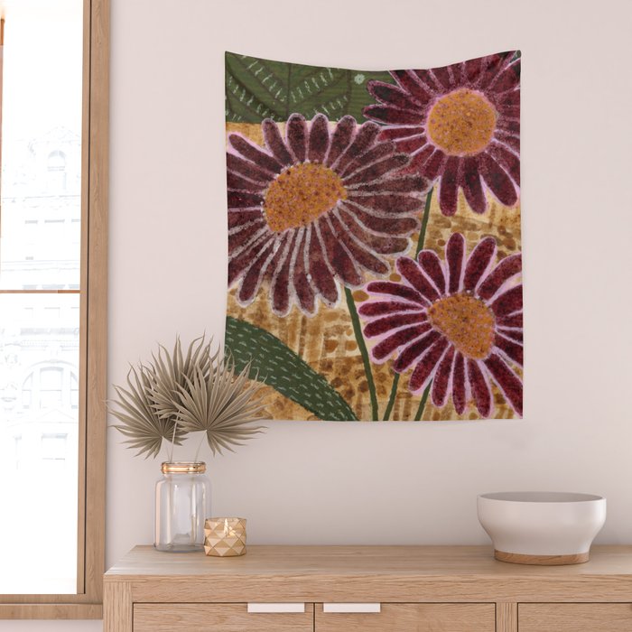 Daisies in Country Field Painting in Burgundy Red Wall Tapestry Gallery Image 2