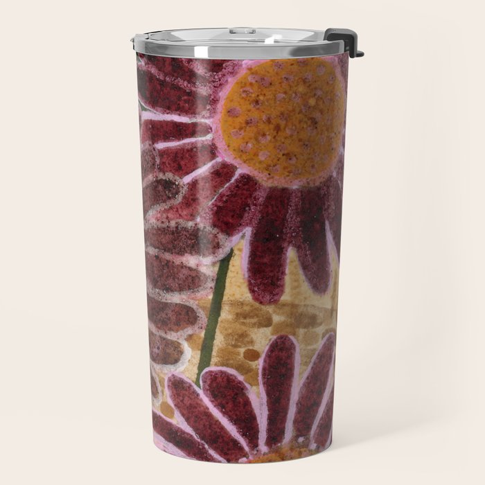 Daisies in Country Field Painting in Burgundy Red Travel Mug Gallery Image 2