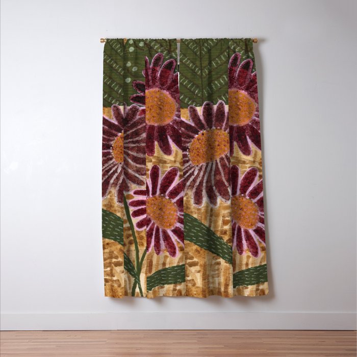 Daisies in Country Field Painting in Burgundy Red Window Curtain Gallery Image 3