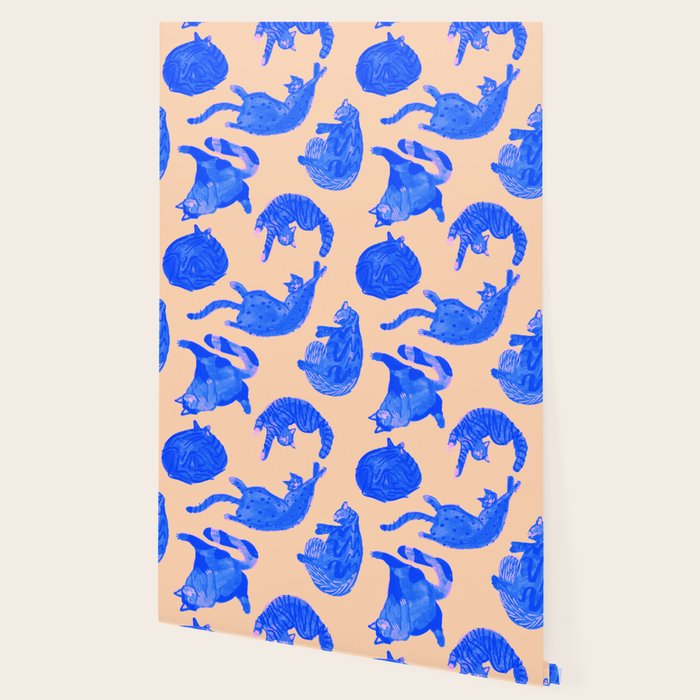 Sleepy Cozy Kitty Cats in Blue & Pink Wallpaper Gallery Image 2