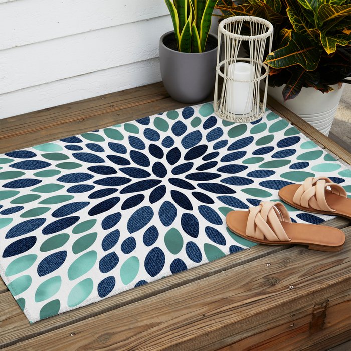 Flower Bloom, Aqua and Navy Outdoor Rug Gallery Image 2