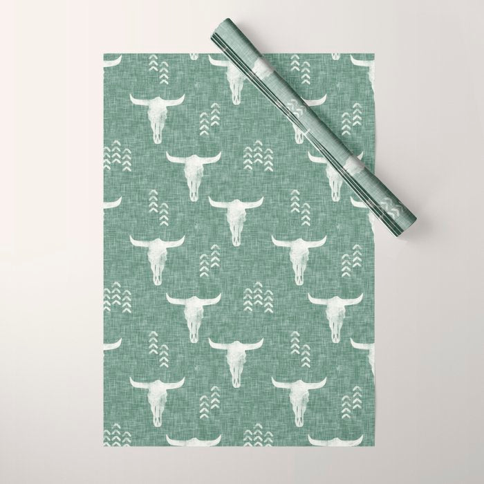 desert skulls - southwest cow skulls on sage Wrapping Paper Gallery Image 1