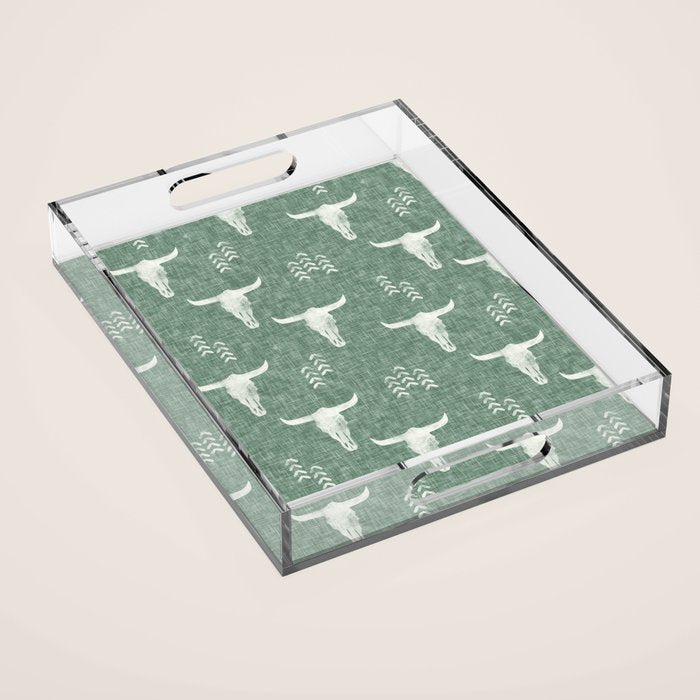 desert skulls - southwest cow skulls on sage Acrylic Tray Gallery Image 1