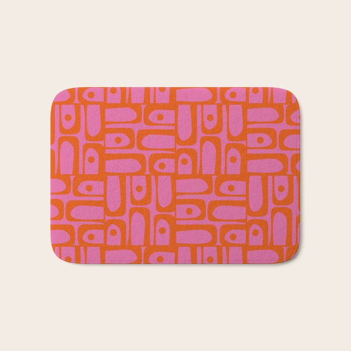 Mid Century Modern Piquet Abstract Geometric Multi Pattern Hot Pink and Red-Orange Bath Mat Gallery Image 1