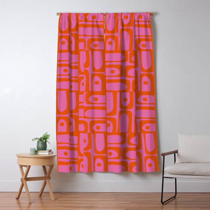 Mid Century Modern Piquet Abstract Geometric Multi Pattern Hot Pink and Red-Orange Window Curtain Gallery Image 5