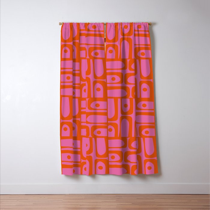 Mid Century Modern Piquet Abstract Geometric Multi Pattern Hot Pink and Red-Orange Window Curtain Gallery Image 3
