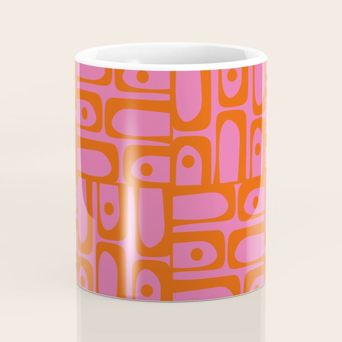 Mid Century Modern Piquet Abstract Geometric Multi Pattern Hot Pink and Red-Orange Coffee Mug Gallery Image 4