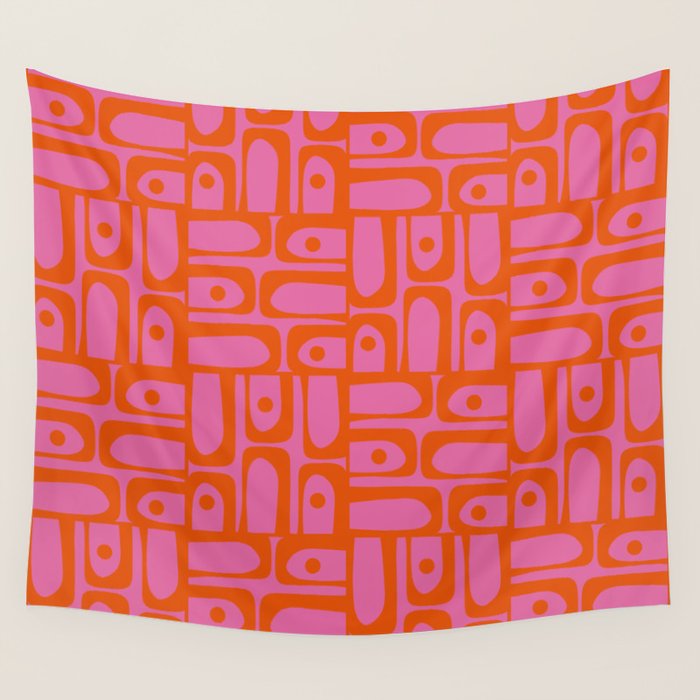 Mid Century Modern Piquet Abstract Geometric Multi Pattern Hot Pink and Red-Orange Wall Tapestry Gallery Image 4