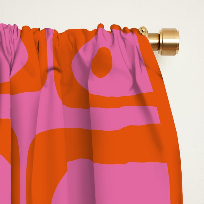 Mid Century Modern Piquet Abstract Geometric Multi Pattern Hot Pink and Red-Orange Window Curtain Gallery Image 2