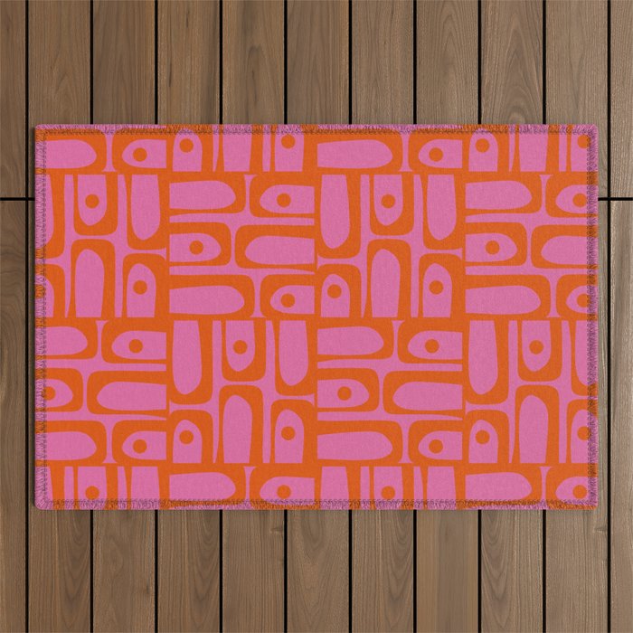 Mid Century Modern Piquet Abstract Geometric Multi Pattern Hot Pink and Red-Orange Outdoor Rug Gallery Image 1