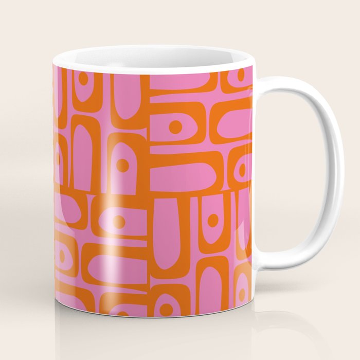Mid Century Modern Piquet Abstract Geometric Multi Pattern Hot Pink and Red-Orange Coffee Mug Gallery Image 1