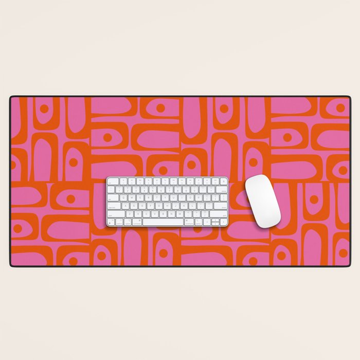Mid Century Modern Piquet Abstract Geometric Multi Pattern Hot Pink and Red-Orange Desk Mat Gallery Image 1