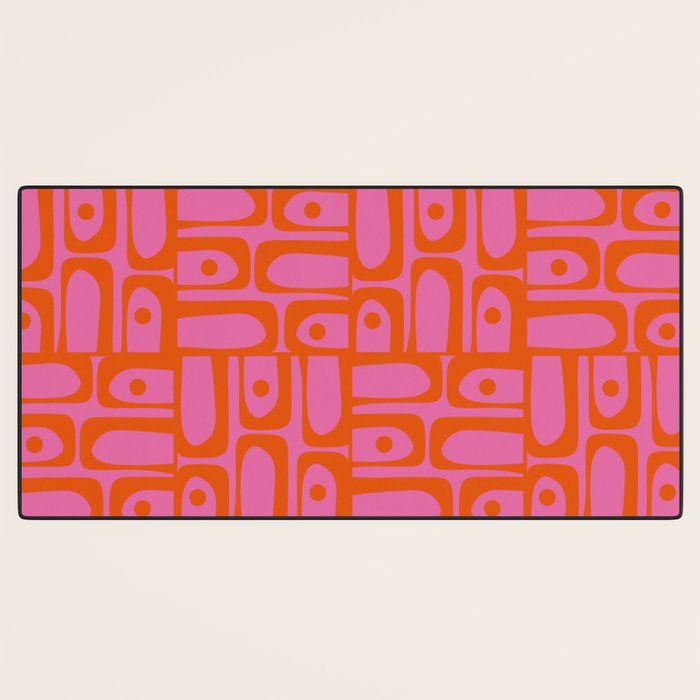 Mid Century Modern Piquet Abstract Geometric Multi Pattern Hot Pink and Red-Orange Desk Mat Gallery Image 3