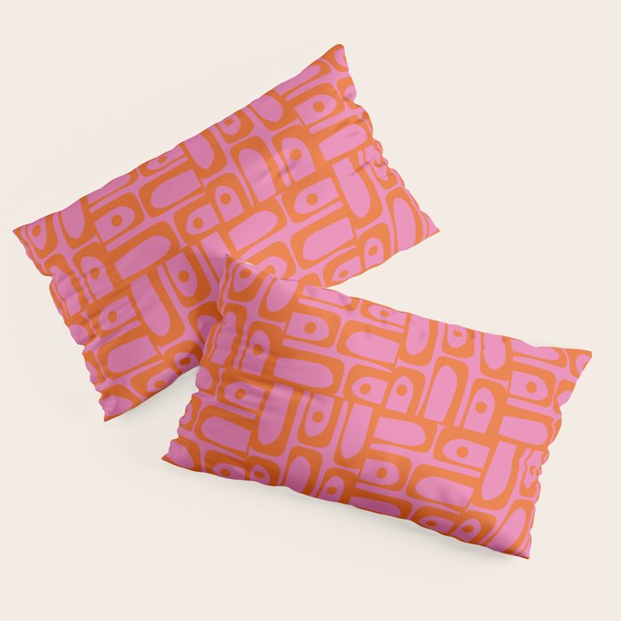 Mid Century Modern Piquet Abstract Geometric Multi Pattern Hot Pink and Red-Orange Pillow Sham Gallery Image 2