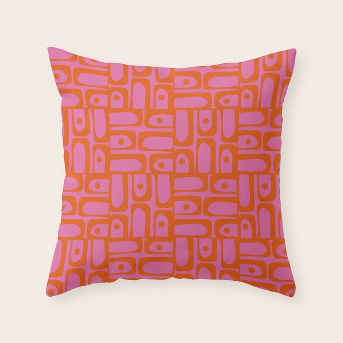 Mid Century Modern Piquet Abstract Geometric Multi Pattern Hot Pink and Red-Orange Throw Pillow Gallery Image 1
