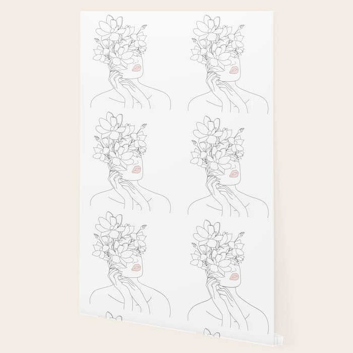 Minimal Line Art Woman with Magnolia Wallpaper Gallery Image 2