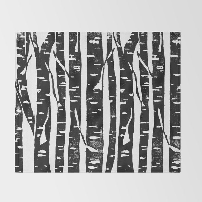 Woodcut Birches Black Throw Blanket Gallery Image 2