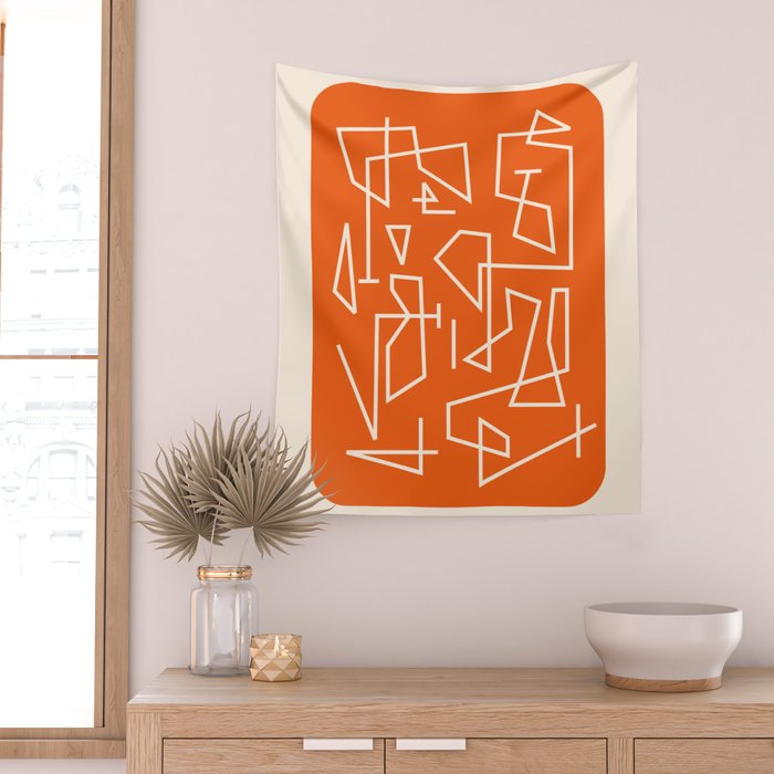 Peripatesis 2 Mid Century Modern Minimalist Line Abstract Orange Wall Tapestry Gallery Image 2