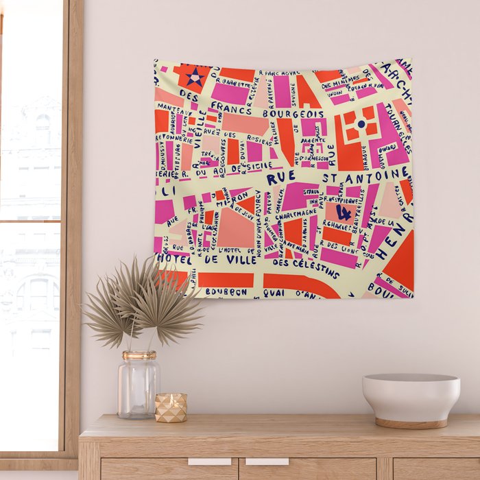 paris map pink Wall Tapestry Gallery Image 2