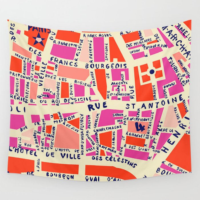 paris map pink Wall Tapestry Gallery Image 1