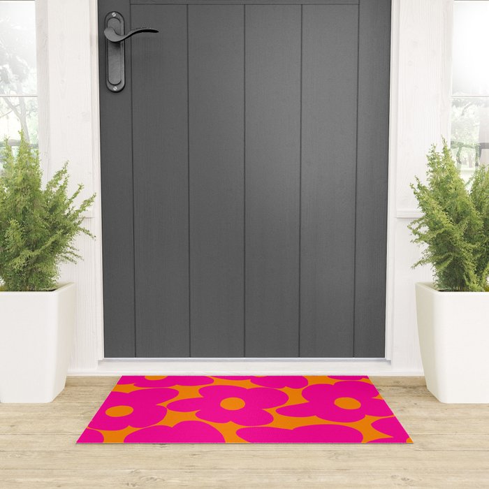 Large Retro Flowers Raspberry Red Petals Orange Background #decor #society6 #buyart  Welcome Mat Gallery Image 3