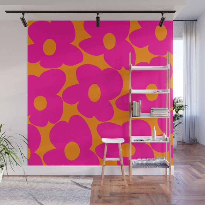 Large Retro Flowers Raspberry Red Petals Orange Background #decor #society6 #buyart  Wall Mural Gallery Image 1