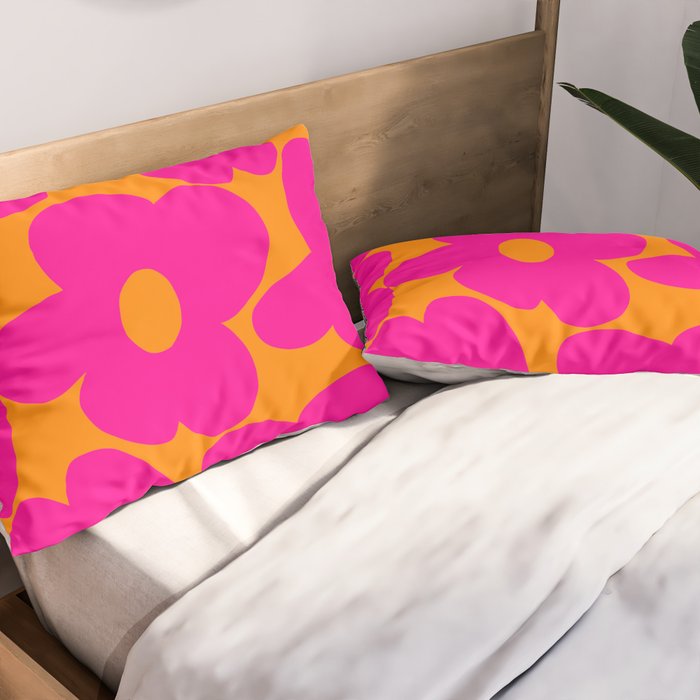 Large Retro Flowers Raspberry Red Petals Orange Background #decor #society6 #buyart  Pillow Sham Gallery Image 2