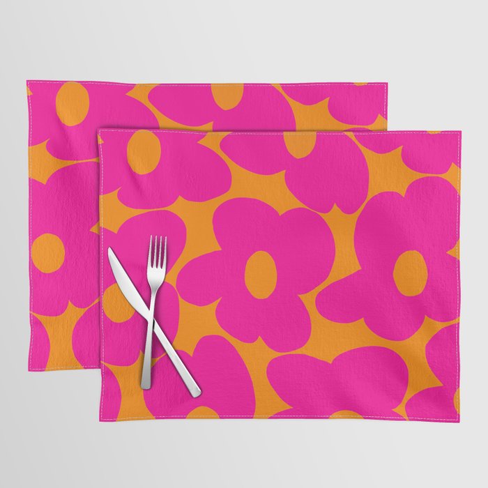 Large Retro Flowers Raspberry Red Petals Orange Background #decor #society6 #buyart  Placemat Gallery Image 1