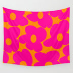 Large Retro Flowers Raspberry Red Petals Orange Background #decor #society6 #buyart  Wall Tapestry Gallery Image 4
