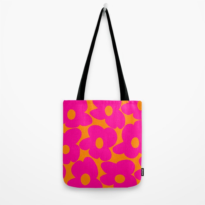 Large Retro Flowers Raspberry Red Petals Orange Background #decor #society6 #buyart  Tote Bag Gallery Image 2