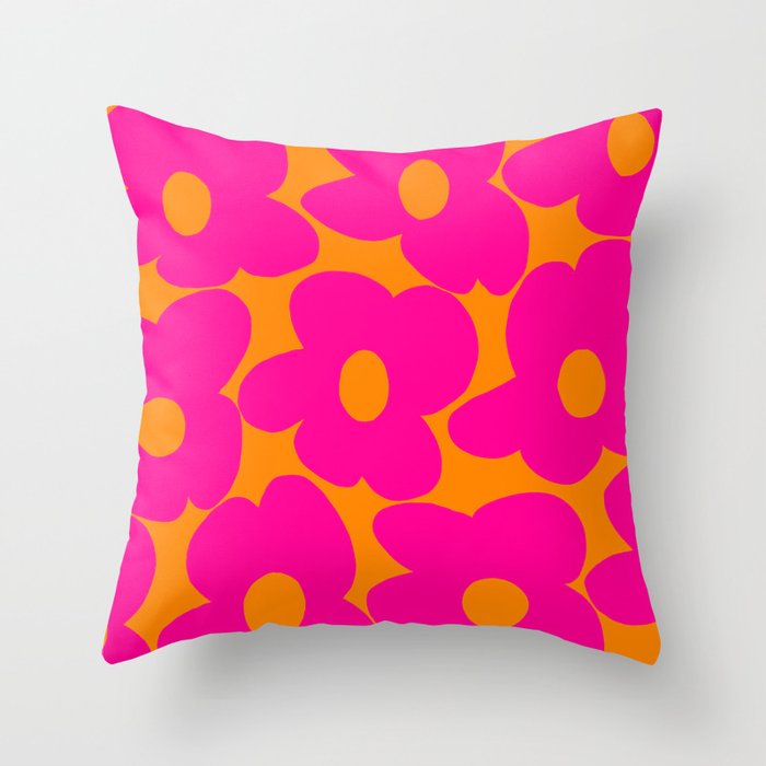 Large Retro Flowers Raspberry Red Petals Orange Background #decor #society6 #buyart  Throw Pillow Gallery Image 1