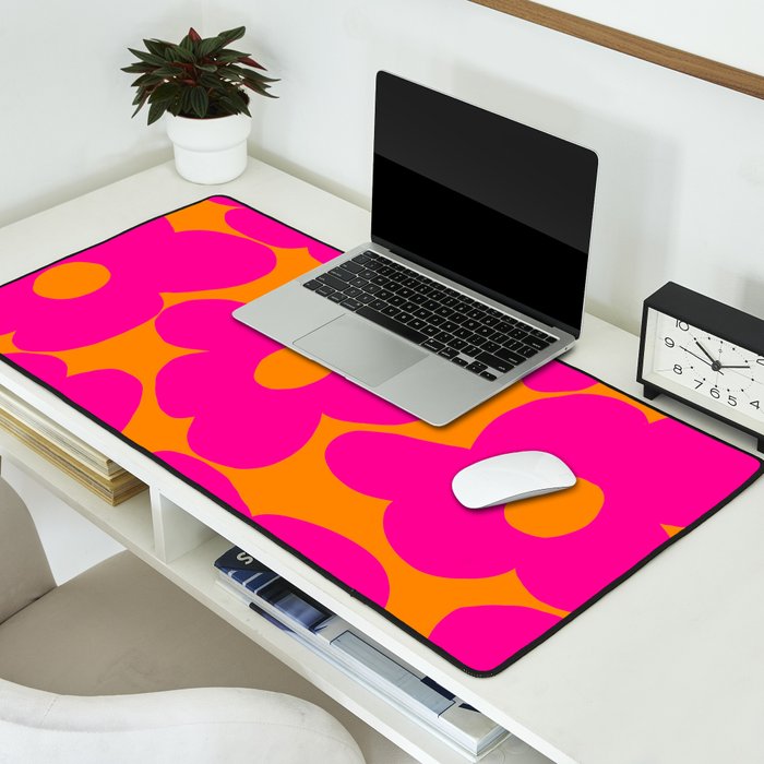 Large Retro Flowers Raspberry Red Petals Orange Background #decor #society6 #buyart  Desk Mat Gallery Image 2