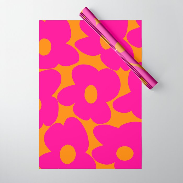 Large Retro Flowers Raspberry Red Petals Orange Background #decor #society6 #buyart  Wrapping Paper Gallery Image 1