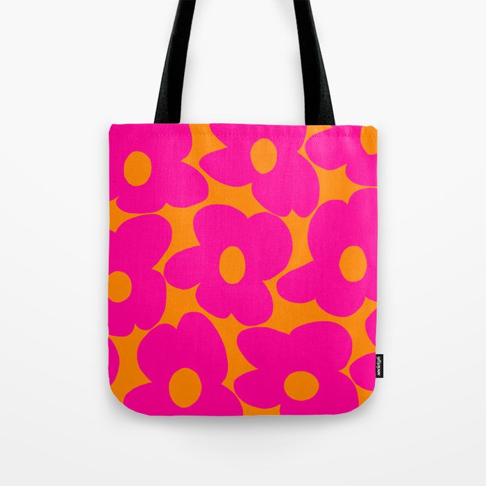 Large Retro Flowers Raspberry Red Petals Orange Background #decor #society6 #buyart  Tote Bag Gallery Image 1