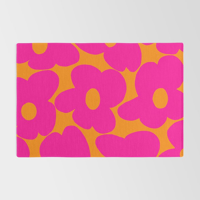 Large Retro Flowers Raspberry Red Petals Orange Background #decor #society6 #buyart  Rug Gallery Image 2