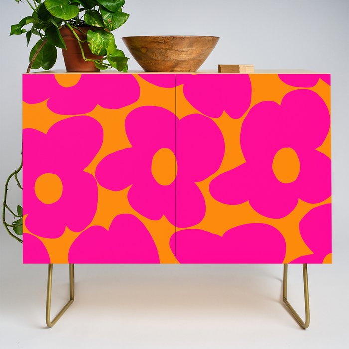 Large Retro Flowers Raspberry Red Petals Orange Background #decor #society6 #buyart  Credenza Gallery Image 1