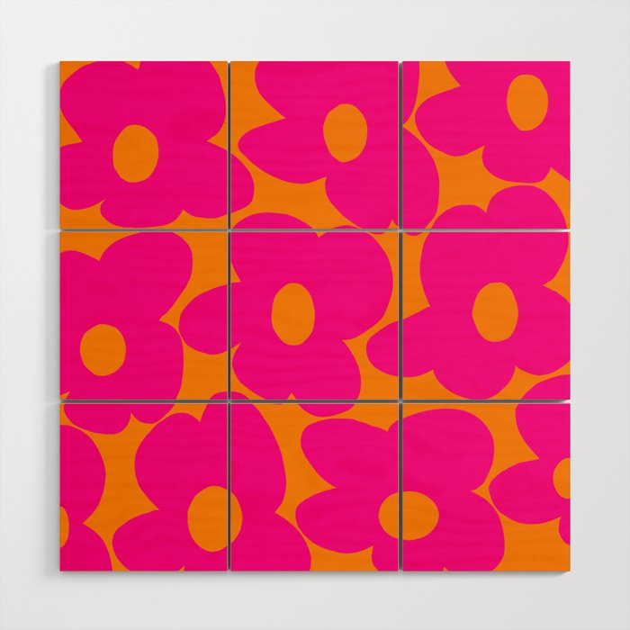 Large Retro Flowers Raspberry Red Petals Orange Background #decor #society6 #buyart  Wood Wall Art Gallery Image 1