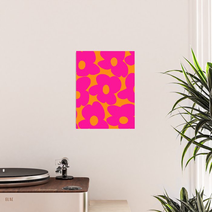 Large Retro Flowers Raspberry Red Petals Orange Background #decor #society6 #buyart  Poster Gallery Image 2