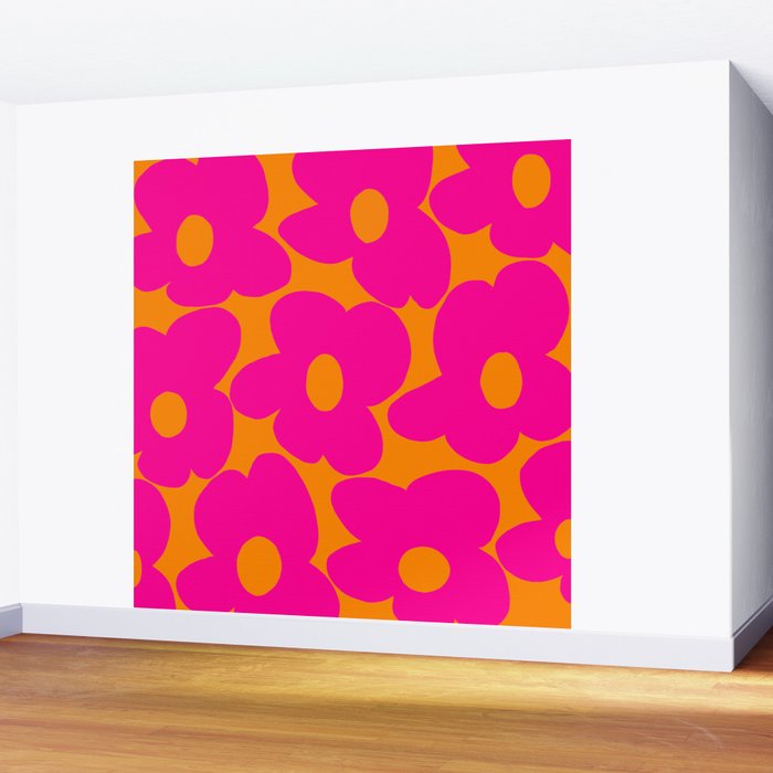 Large Retro Flowers Raspberry Red Petals Orange Background #decor #society6 #buyart  Wall Mural Gallery Image 2