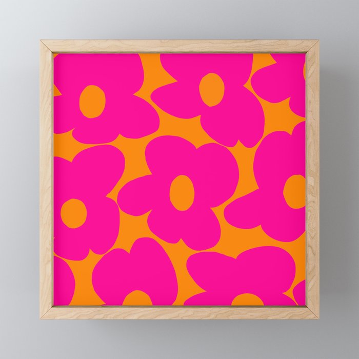 Large Retro Flowers Raspberry Red Petals Orange Background #decor #society6 #buyart  Mini Art Print Gallery Image 1