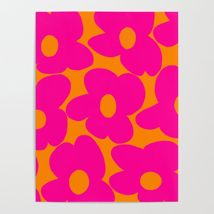 Large Retro Flowers Raspberry Red Petals Orange Background #decor #society6 #buyart  Poster Gallery Image 4