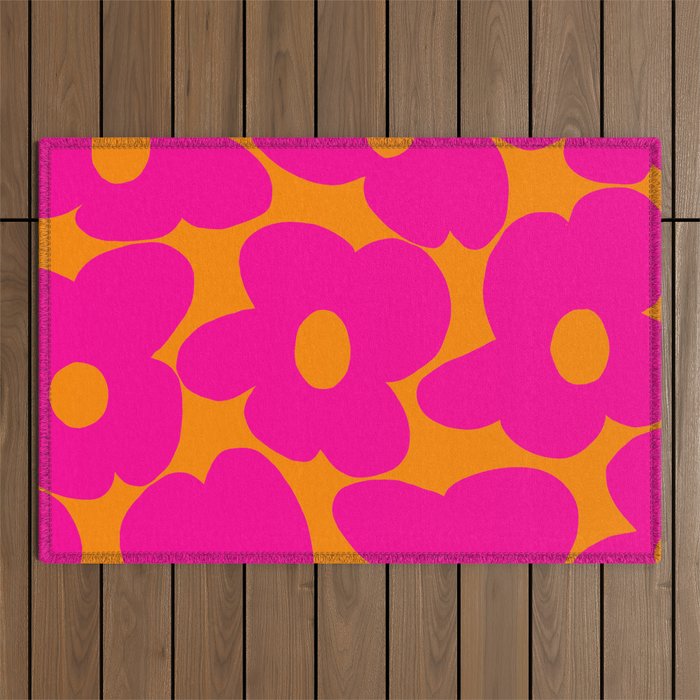 Large Retro Flowers Raspberry Red Petals Orange Background #decor #society6 #buyart  Outdoor Rug Gallery Image 1