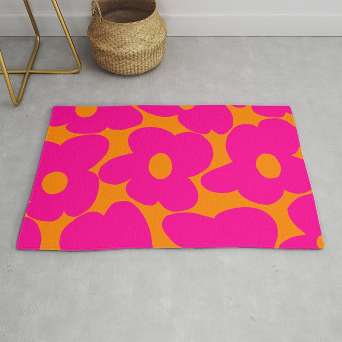 Large Retro Flowers Raspberry Red Petals Orange Background #decor #society6 #buyart  Rug Gallery Image 1