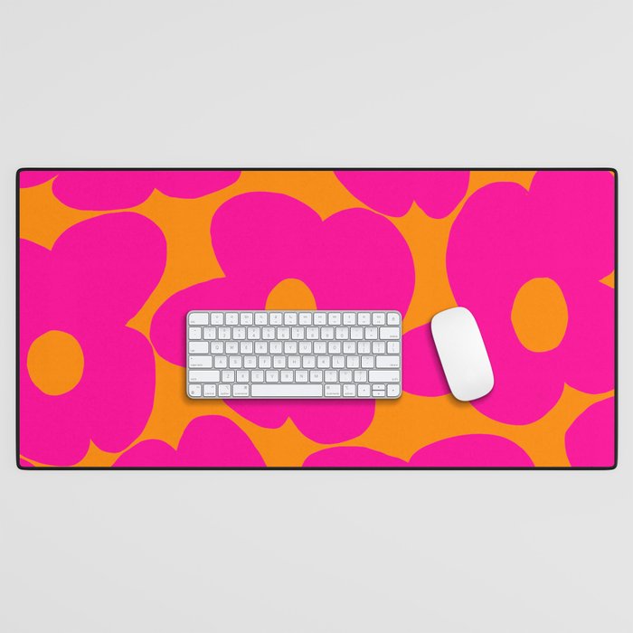 Large Retro Flowers Raspberry Red Petals Orange Background #decor #society6 #buyart  Desk Mat Gallery Image 1