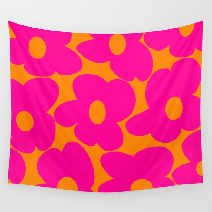 Large Retro Flowers Raspberry Red Petals Orange Background #decor #society6 #buyart  Wall Tapestry Gallery Image 1