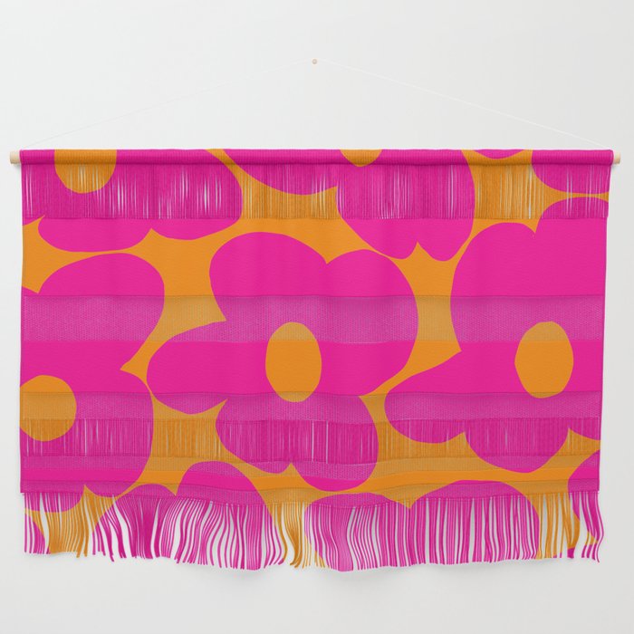 Large Retro Flowers Raspberry Red Petals Orange Background #decor #society6 #buyart  Wall Hanging Gallery Image 1