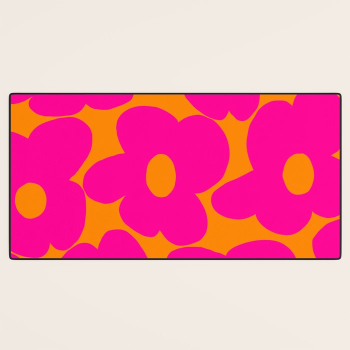 Large Retro Flowers Raspberry Red Petals Orange Background #decor #society6 #buyart  Desk Mat Gallery Image 3